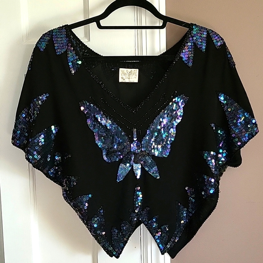 Free People Women's Butterfly Sequin Sheer Crop Top XS Black